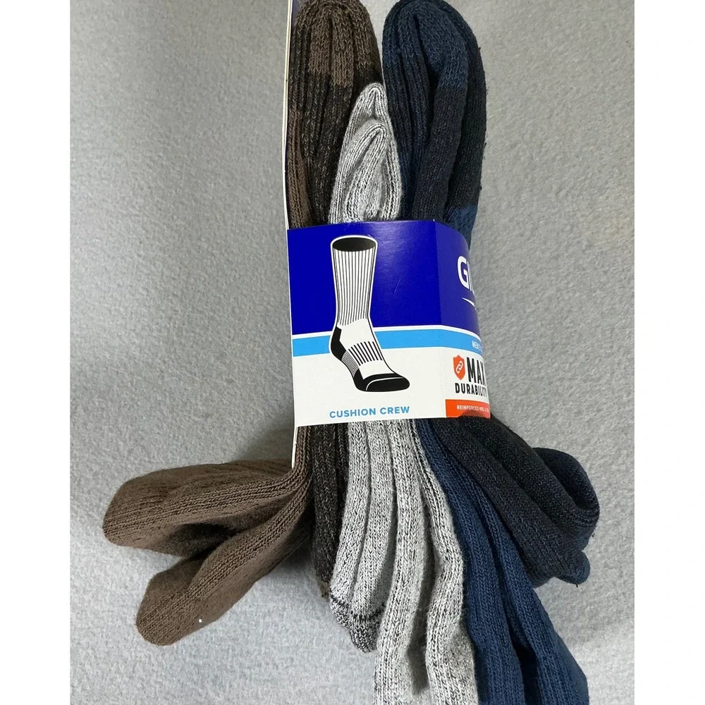 Gildan Ultra Cotton Men's Cushion Crew Socks Size 6-12 Brown Gray Navy 3 Pair